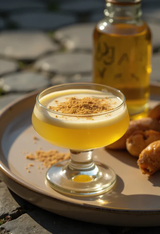 Bottiglia di vetro con liquore giallo denso e bicchierino