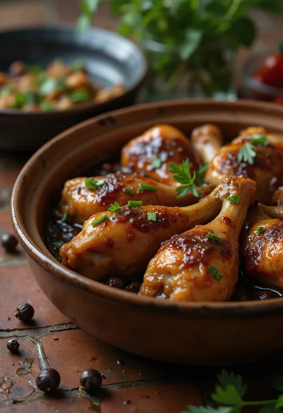 Adobo di carne, servito in salsa di soia e vino bianco, decorato con erbe fresche