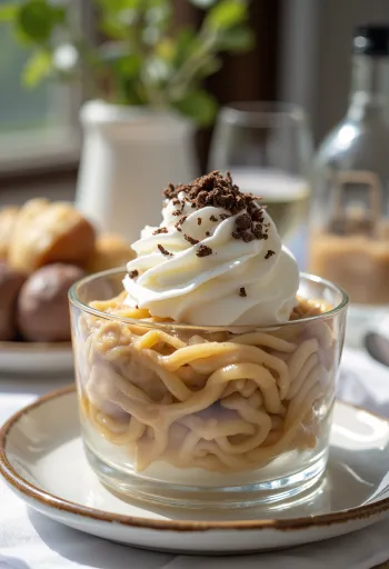 Purè di castagne decorato con panna montata e scaglie di cioccolato