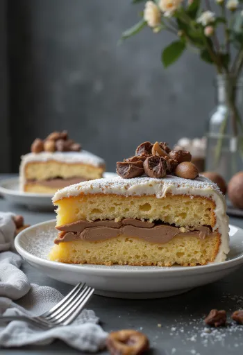 Torta alle castagne tagliata a fette, decorata con cioccolato