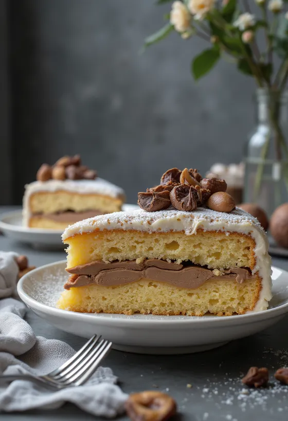 Torta alle castagne tagliata a fette, decorata con cioccolato