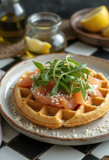Specialità waffle con salmone affumicato e formaggio di capra