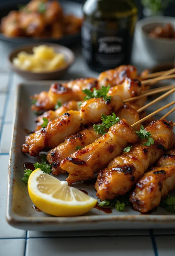 Kawa yakitori pelle di pollo su spiedino, servita con semi di sesamo e cipollotto fresco