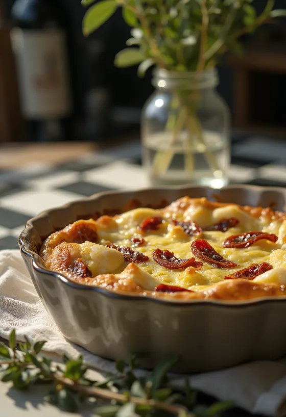 Quiche mozzarella e pomodori secchi servita rustica