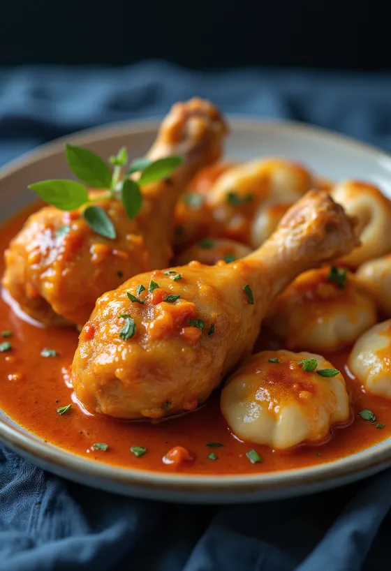 Succose cosce di pollo in salsa alla paprika e panna acida, servite su un piatto bianco.