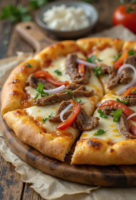 Pizza con fettine di manzo e peperoni verdi