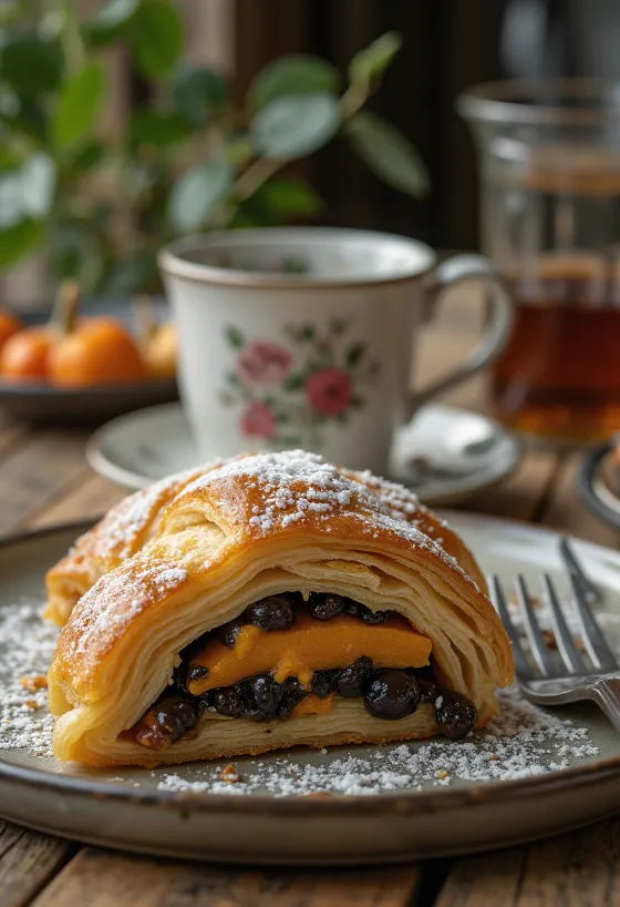 Strudel di zucca e papavero cotto dorato, spolverato di zucchero a velo