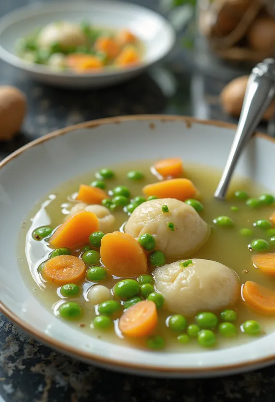 Zuppa di piselli freschi con verdure croccanti e prezzemolo