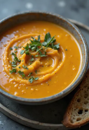 Vellutata di patate dolci alle erbe aromatiche servita