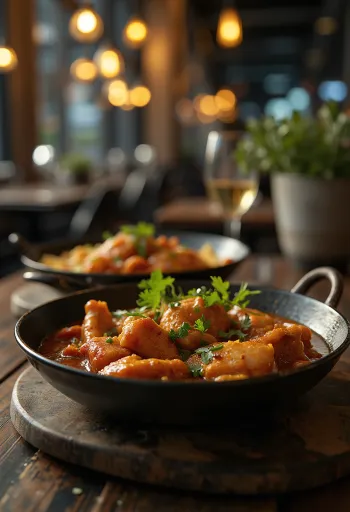 Pezzi di pollo adobo rossi e speziati serviti in padella