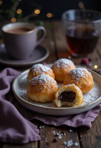 Æbleskiver appena sfornati serviti con crema al cioccolato e zucchero a velo