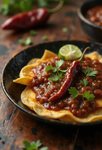 Chilaquiles con salsa al chile pasilla – salsa rossa, tortillas croccanti, formaggio e panna acida