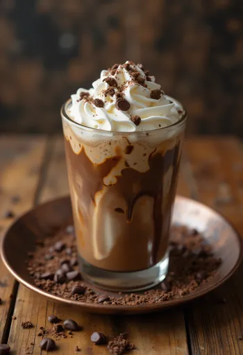 Caffè shakerato al cioccolato con panna e scaglie di cioccolato