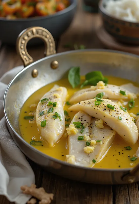 Doi ilish allo zenzero, servito in salsa allo yogurt in una ciotola fonda