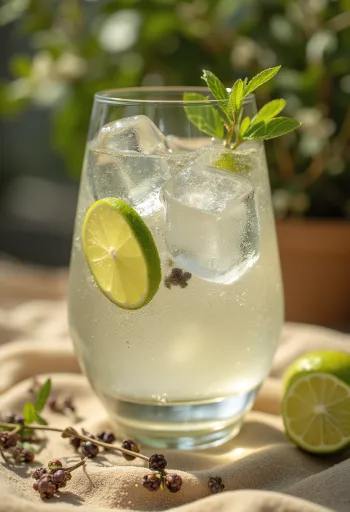 Gin Tonic decorato con fette di lime e cubetti di ghiaccio