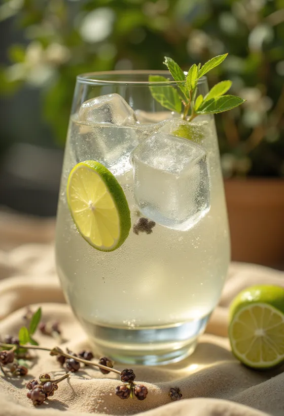 Gin Tonic decorato con fette di lime e cubetti di ghiaccio
