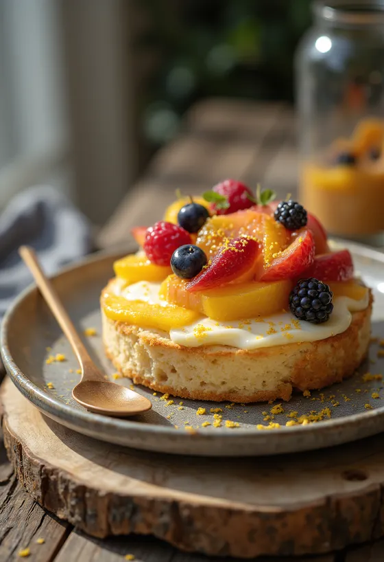 Torta alla ricotta e frutta servita a fette