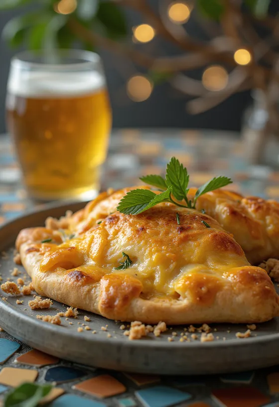 Calzone al pollo all'arancia appena sfornato su teglia