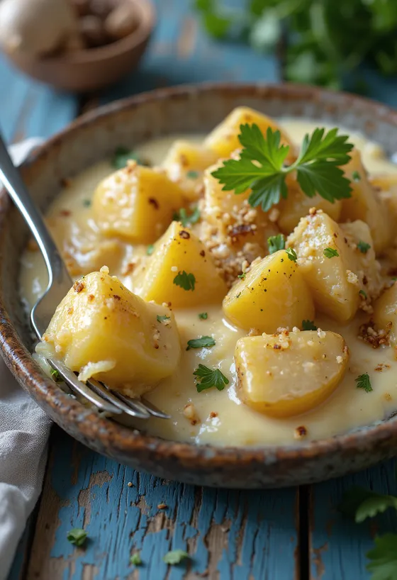 Papas chorreadas al latte di cocco, servite con patate cremose e coriandolo fresco
