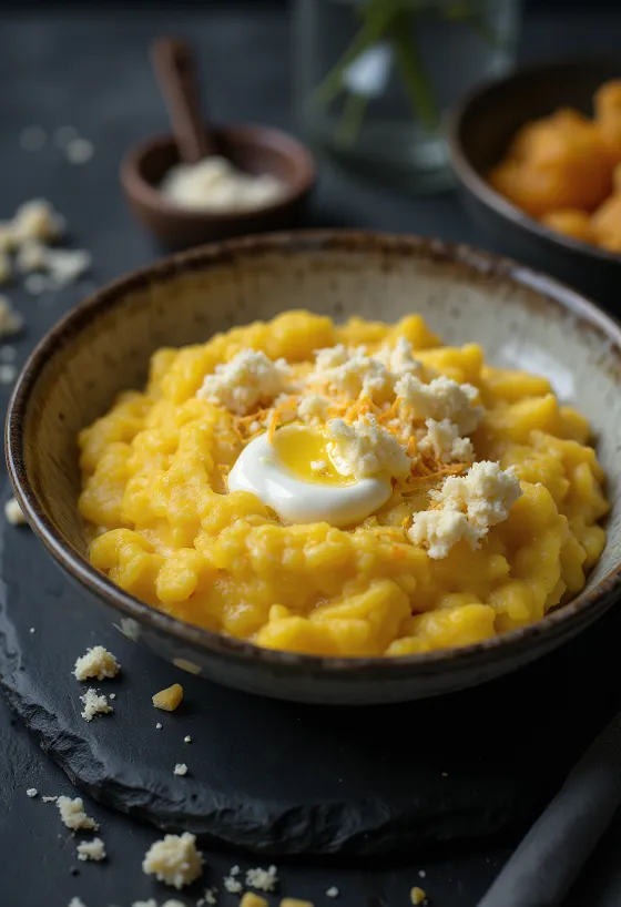 Polenta appena cotta, cremosa, servita con burro e formaggio su vassoio di legno.