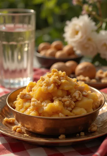 Aate ka Halwa con ricchi sapori speziati, noci tostate e acqua di rose.