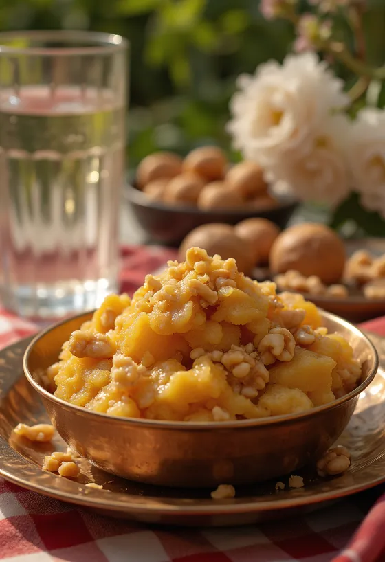 Aate ka Halwa con ricchi sapori speziati, noci tostate e acqua di rose.