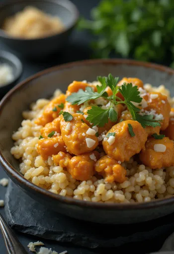 Pollo Ají de gallina con contorno di quinoa, servito con coriandolo