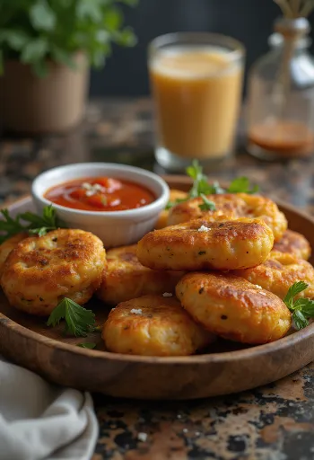 Polpette Akara servite con sugo di pomodoro, decorate con coriandolo fresco