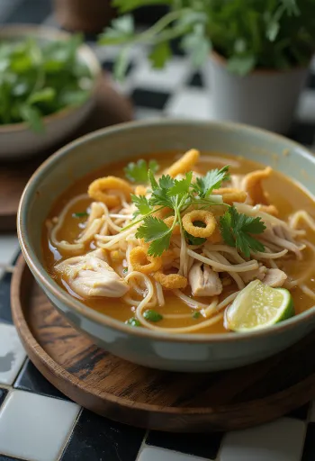 Hủ tiếu con pollo, servito con coriandolo fresco e cipollotto, con ricco brodo.
