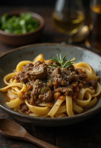 Lagman con agnello, servito con pasta morbida, salsa di carne speziata.