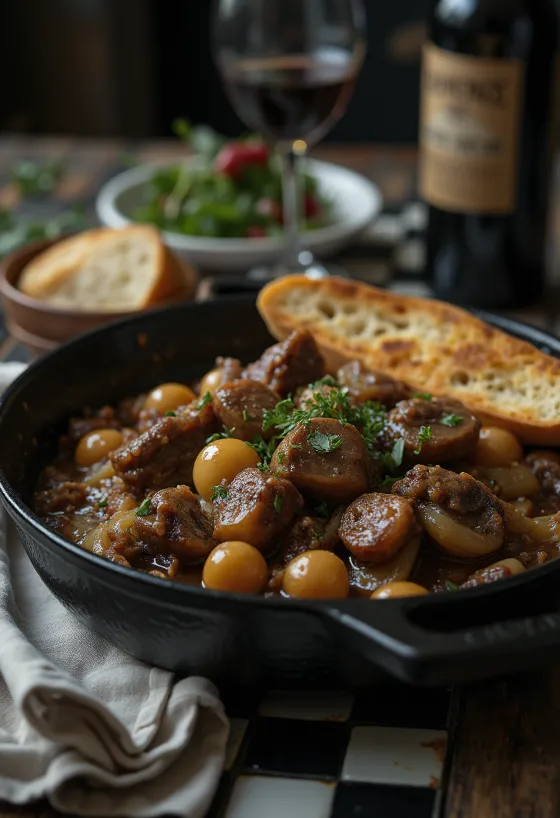 Manzo alla Bourguignonne, stufato al vino rosso con verdure