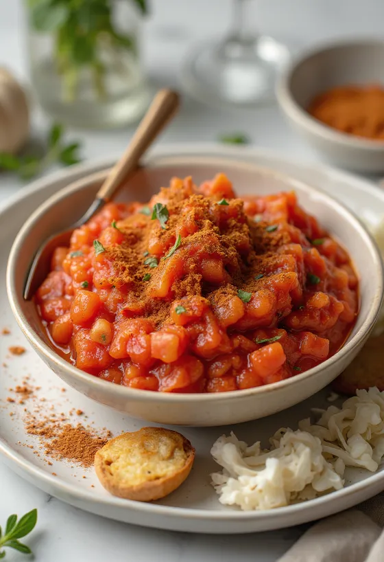 Sugo di pomodoro al rosmarino e paprika in una ciotola, decorato con rosmarino fresco e paprika.