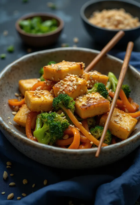 Bowl di tofu e verdure al forno servita