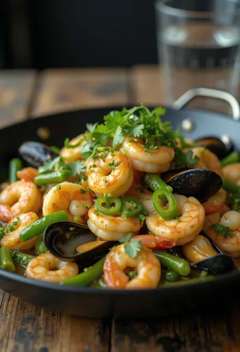 Bicol Express ai frutti di mare, servito con coriandolo fresco e riso come contorno