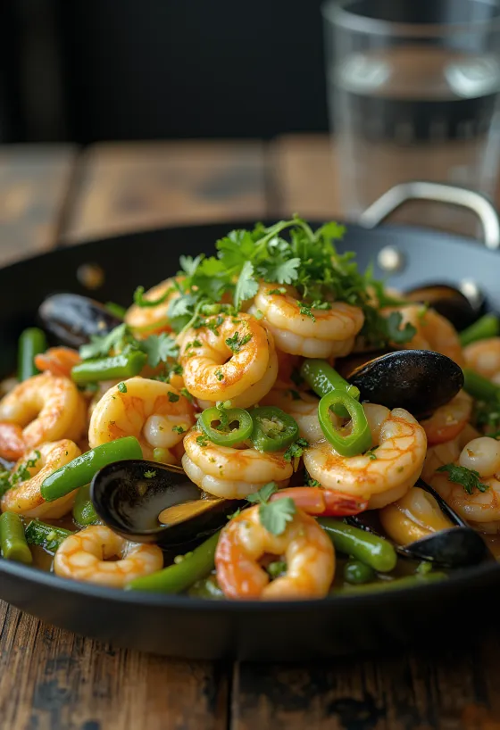 Bicol Express ai frutti di mare, servito con coriandolo fresco e riso come contorno