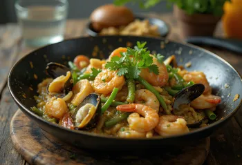 Bicol Express ai frutti di mare, servito con coriandolo fresco e riso come contorno