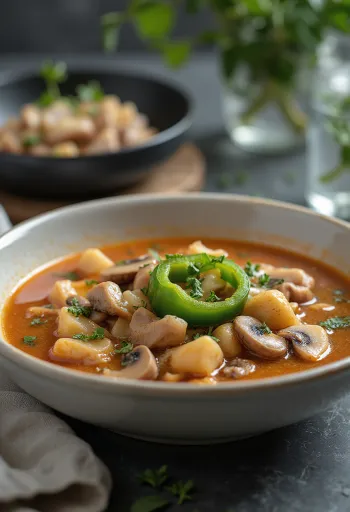 Zuppa dei briganti alla Bakony servita con ricche verdure e carne affumicata