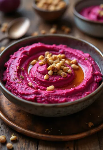 Hummus alla barbabietola decorato con prezzemolo fresco