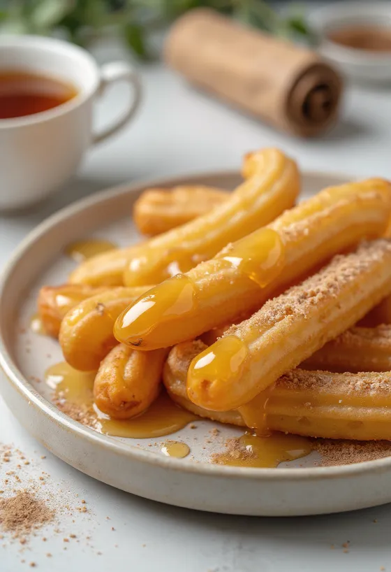 Churros al miele, churros dorati serviti con salsa al miele