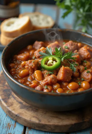 Goulash di fagioli tradizionale ungherese servito riccamente con verdure e pezzi di carne, decorato con panna acida e prezzemolo