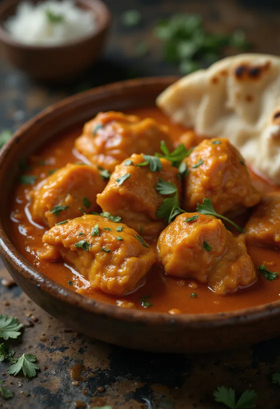 Pollo tikka masala in salsa cremosa al pomodoro decorato con coriandolo fresco