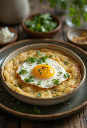 Egg appam in padella, decorato con uovo e coriandolo