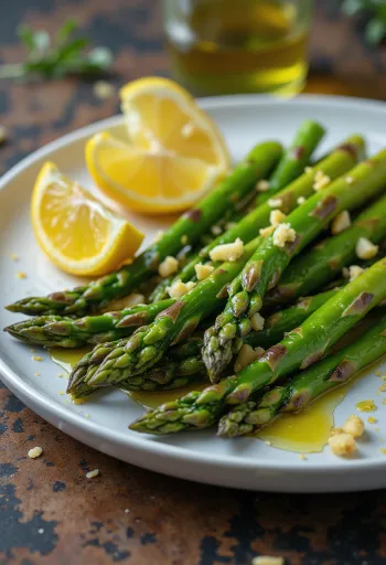 Asparagi grigliati al limone serviti con mandorle tostate.