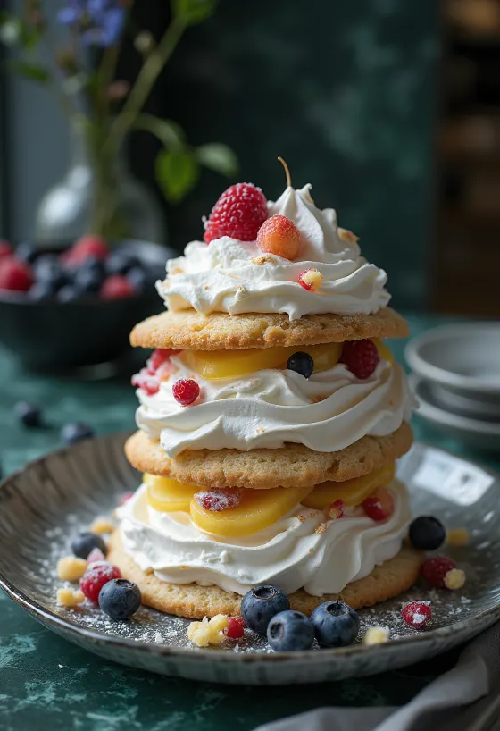 Torta Pavlova decorata con frutta