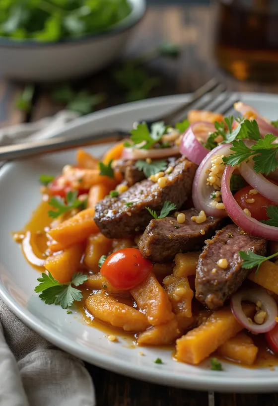 Lomo saltado servito con patate dolci – manzo saltato, verdure e contorno croccante