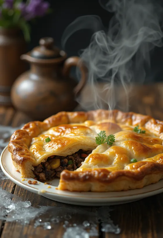 Seal flipper pie servita in un piatto rustico con pasta sfoglia dorata.