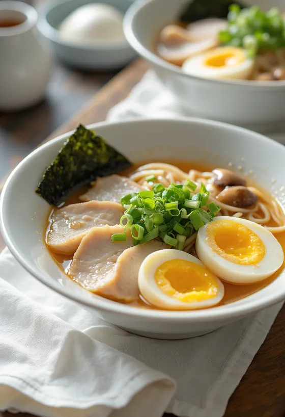 Yuzu ramen con brodo agrumato, petto di pollo e uovo sodo