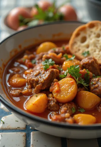 Goulash di manzo servito in una ciotola rustica