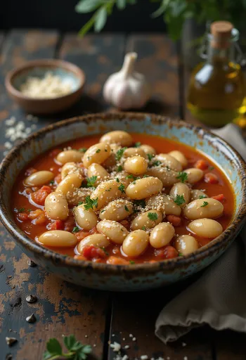 Gigantes plaki all'aglio, servito con prezzemolo e pane fresco