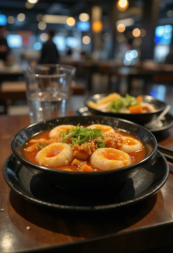 Kimchi tteokbokki - torta di riso coreana servita con kimchi piccante e semi di sesamo